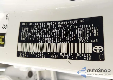 2023 Toyota Corolla Le из США, поврежденный, VIN 5YFB4MDE4PP006331